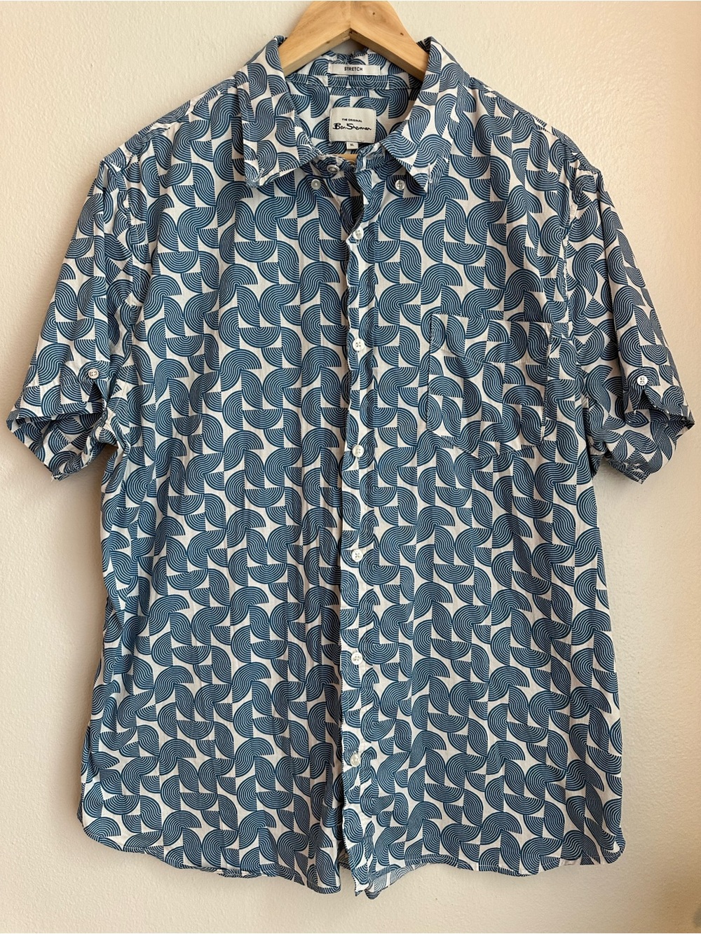 Ben Sherman Blue & White Geometric Short Sleeve Button-Up